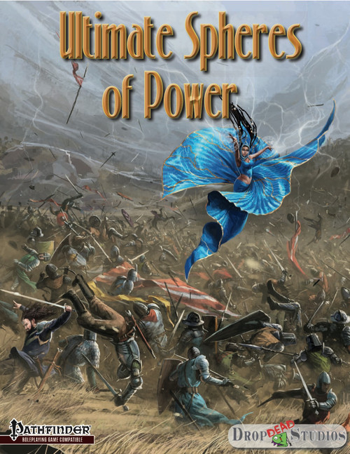 Ultimate Spheres of Power PDF cover featuring a blue-clad warrior in mid-flight above a battlefield, displaying the Pathfinder and Drop Dead Studios logos, with a focus on fantasy and adventure gaming.