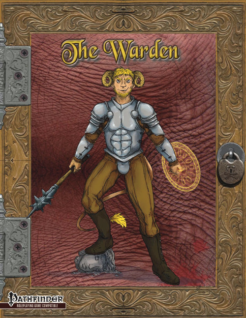 Pathfinder adventure module cover for The Warden PDF, featuring a horned humanoid in silver armor with gold filigree, brown pants, holding an axe and shield on a red leather background.