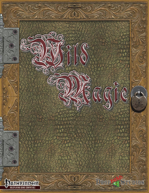 Wild Magic PDF for Pathfinder Roleplaying Game, a digital document featuring green leather texture with gold border and metal clasps, by Fantasy Flight Games, red stylized text, 8.5x11 inches in size.