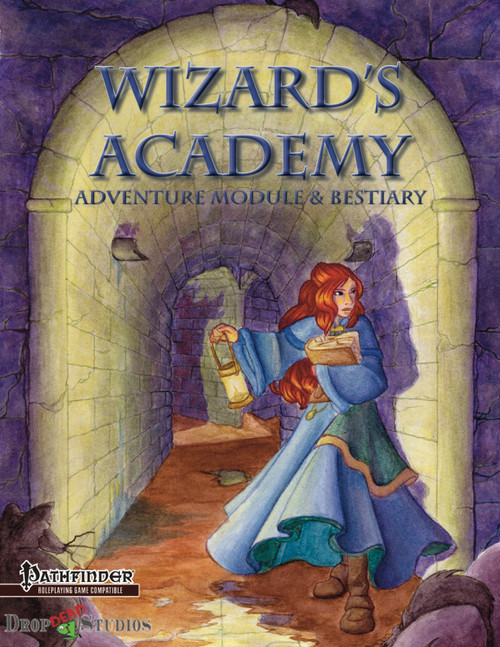Wizard's Academy PDF adventure module cover art featuring a woman in a blue dress holding a lantern and book in a stone archway with Pathfinder and Drop Studios logos branding.