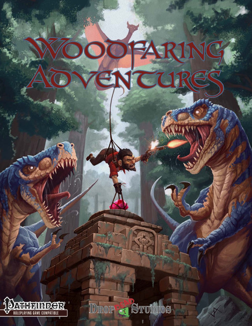 Woodfaring Adventures PFRPG PDF cover features dinosaurs in a fantasy forest, Pathfinder RPG, published by Dioramas Studios in a PDF format, showcasing thrilling scenes with adventurers and prehistoric creatures in a high-quality cover art.