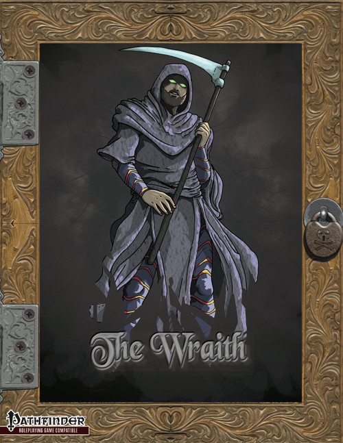 The Wraith PFRPG PDF, a fantasy grim reaper character in a gray hooded robe, surrounded by Pathfinder logo, gold ornate frame, dark background, highlighting the role-playing game PDF content for download,  digital Pathfinder product.