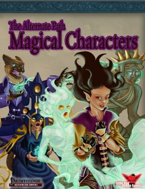 Alternate Paths Magical Characters PDF book cover, featuring a fantasy woman and creatures, with the Pathfinder Roleplaying Game logo, showcasing 7 new base classes and non-vancian magic systems in a purple and gold font on beige background.