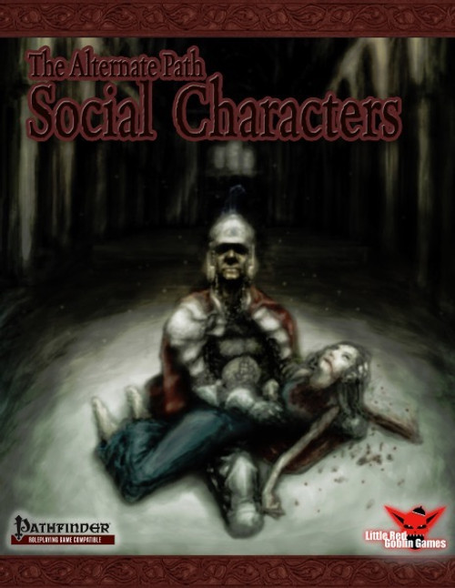 Alternate Paths: Social Characters PDF cover, a Pathfinder accessory by Little Juke Games, featuring a muscular skeleton against a dark urban background, with a focus on social classes and combat rules.