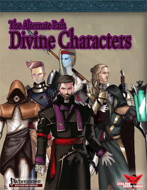 Alternate Paths Divine Characters PDF, featuring 6 fantasy base classes, support feats, new divine spells, and unique player options, published by Lime Lizard Games for experienced Pathfinder players, against a beige background.