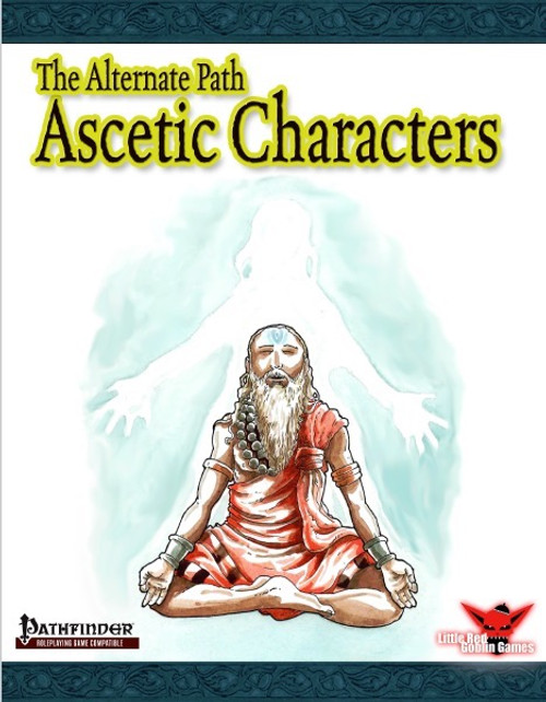 Alternate Paths Ascetic Characters PDF, a Pathfinder book about expansion and spiritual growth featuring a cover with a serene meditating figure in an orange robe in a blue bordered design with Pathfinder and game logos.