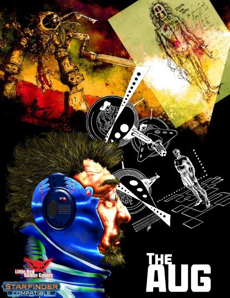Aug PDF cybernetic augmentations manual, blue metallic mask, robotic arm, sci-fi illustrations, futuristic machinery, Starfinder compatible game, detailed profile of a super soldier with augmented limbs, dark background, Little Red Robot Games logo.
