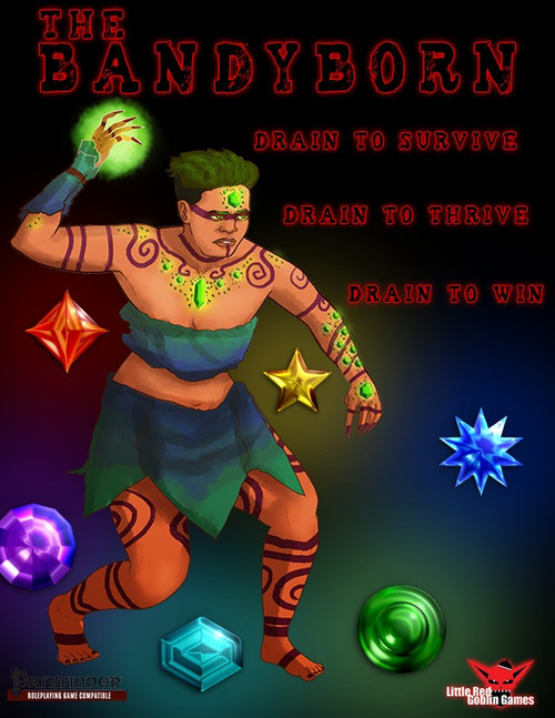Bandyborn, a PDF fantasy character, wears green hair and gem tattoos in blue and green attire, surrounded by gems and stars, with "Drain to Survive" text, by Limited Edition Games, fantasy roleplaying game PDF, 13-page book.