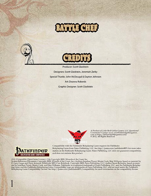 Battle Chef PDF, a Pathfinder base class with orange accents, featuring credits with Pathfinder logo and Battle Chef title in bold font, highlighting culinary combatants and RPG content with cooking-themed items.