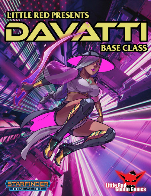 Davatti Base Class PDF, a 20-level Starfinder compatible character class by Little Red Goblin Games, featuring a female warrior-monk in white and pink, wielding a sword in a futuristic purple background.