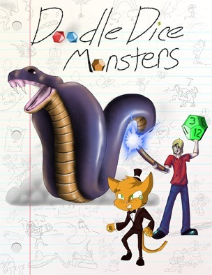 Product cover of Doodle Dice Monsters a dice game featuring a player, a purple snake, with green dice on a white doodle-covered background; suitable for 1-4 players.
