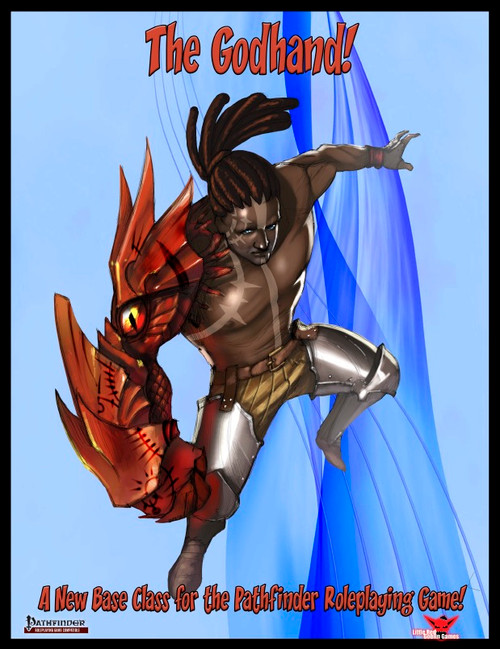 Pathfinder game class Godhand PDF featuring a muscular warrior with a prosthetic arm, wielding a red dragon-like weapon, set against a blue background, with text 'Godhand' and game details.