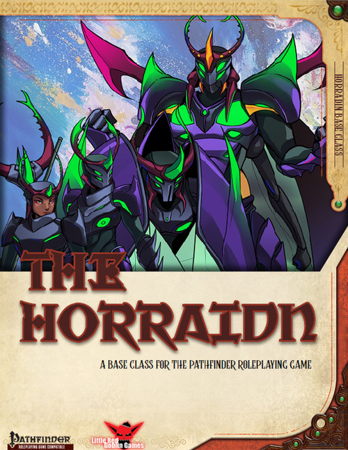 The Horradin (New Base Class) PDF features a base class for Pathfinder roleplaying, showcasing adaptable adventurers in purple and green armor, on a blue and gold background, highlighting magical creatures and forced adaptation techniques in a 64-page document.