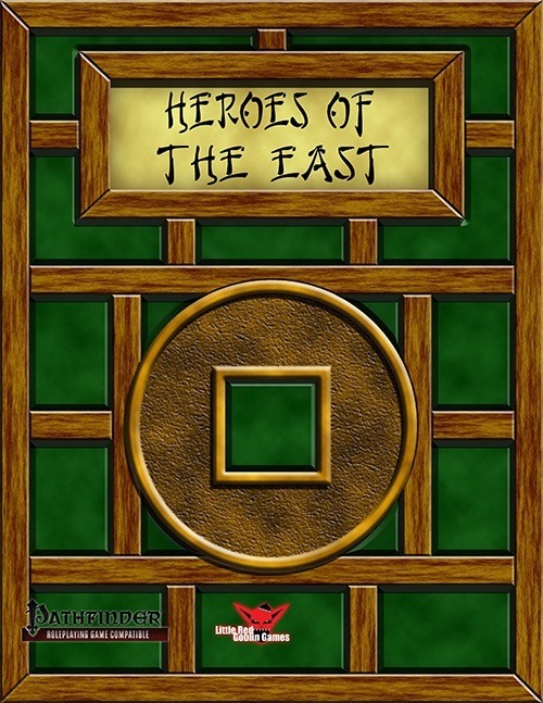 Heroes of the East PDF cover, featuring a green and brown Asian-inspired design with gold accents, including a square and circle symbol, for the Pathfinder game by Legendary Games.