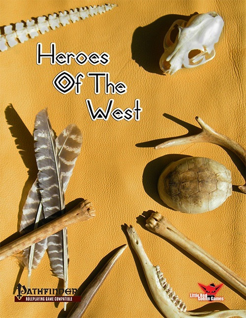 Heroes of the West PDF cover featuring a 20-page document with Brave, Jaguar Warrior, and Painted Rider characters on a western-themed design, set on a yellow background with Pathfinder and Legendary Games logos.