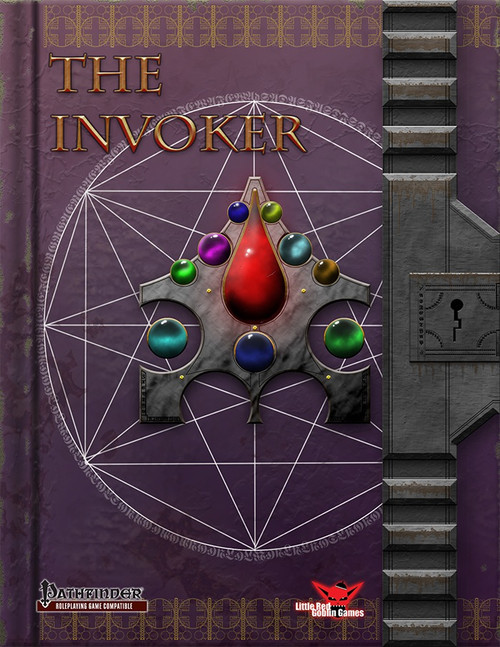 Pact Magic: The Invoker PDF, Little Red Goblin Games, 1 PDF file, containing 18 pages, with a deep purple cover, gold text, and mystical illustrations of a pentagram, gemstones, and teardrops.