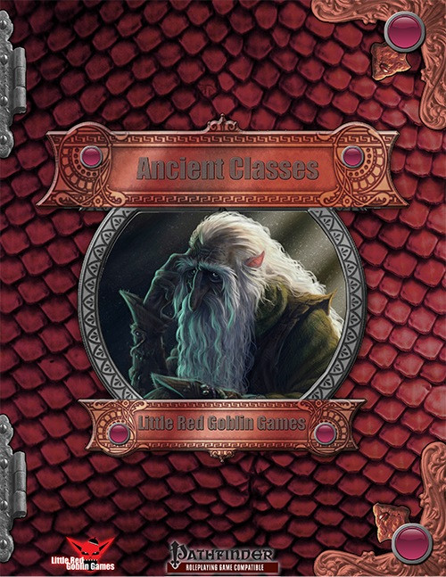Old man with white hair and beard stands on red dragon scale background in fantasy RPG themed Ancient Classes PDF cover, published by Little Red Goblin Games, featuring RPG elements and metal borders.