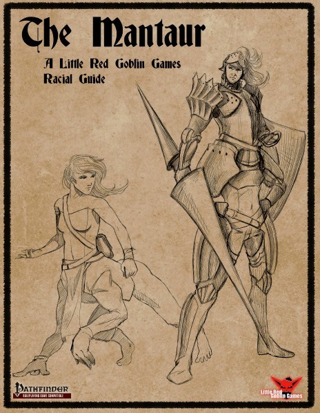 Product cover for Mantaur Racial Guide PDF, featuring a humanoid creature with two human lower halves, wild black hair and armor, alongside a similar creature without armor, on a mottled brown background with Pathfinder and Little Red Goblin Games logos.