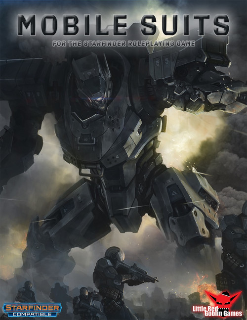 Mobile Suits PDF cover features a Starfinder-themed battle scene with a giant robot and soldiers, highlighting the Little Red Goblin Games logo and easy-to-use mobile suit rules for Starfinder RPG.