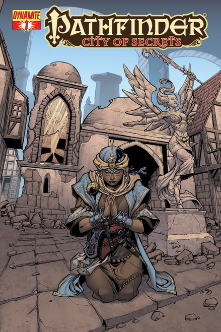 Pathfinder: City of Secrets #1 over by Gomez featuring the iconic cleric Kyra kneeling in prayer in an urban scene.