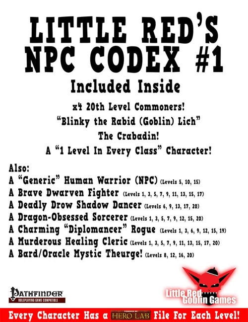 Little Red's NPC Codex #1 PDF, featuring 14 premade characters, hero lab files, and various levels, published by Little Red's Goblin Games, with Pathfinder logo and white background.