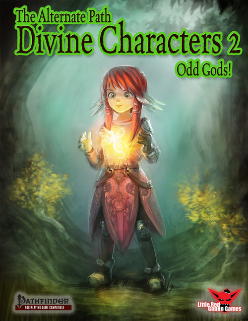 Alternate Paths: Divine Characters 2: Odd Gods PDF cover features a red-haired female character in leather armor standing in a mystical forest amidst a yellow glow, published by Little Red Griffin Games, Pathfinder RPG.