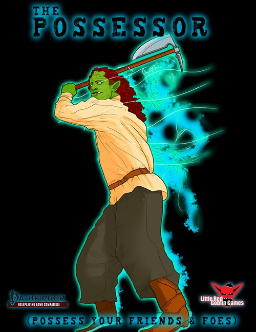 Green elf-like creature with red hair, wielding axe with blue skull, representing the Possessor Base Class for PFRPG, a fantasy role-playing PDF publication by Little Green Games and Datalyst Game Emporium.