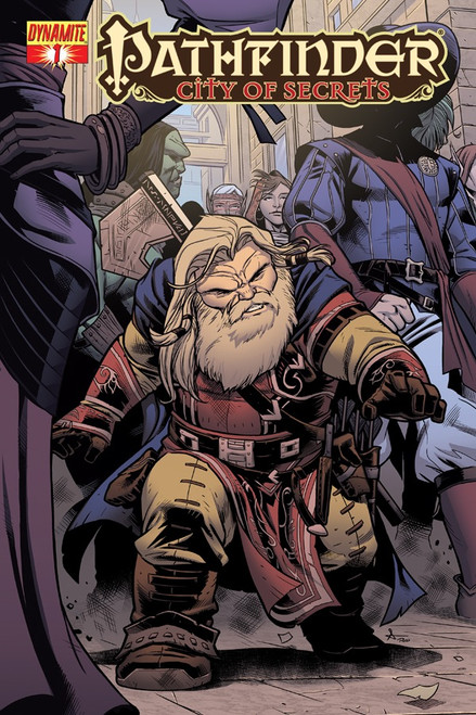 Pathfinder: City of Secrets #1 comic book cover by Sean Izaakse featuring the iconic ranger Harsk pushing his way through a crowd of taller characters, looking a bit grumpy.