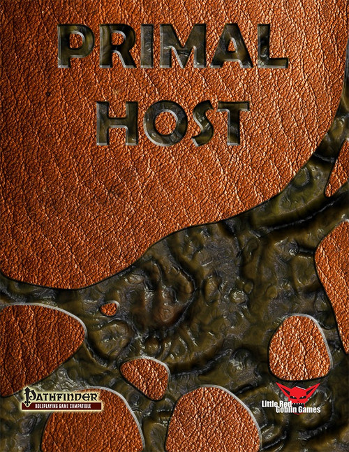 Primal Host PDF book cover features brown leather with dark green accents, showcasing Pathfinder and Little Red Goblin Games logos, a symbiote and parasite theme, for tabletop role-playing games enthusiasts.