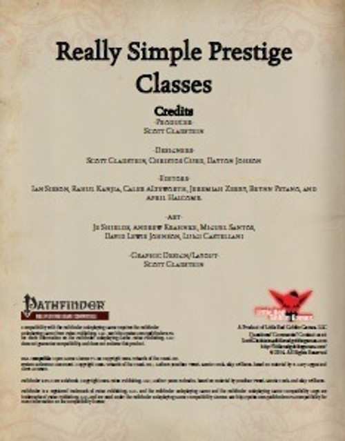 Really Simple Prestige Classes PDF cover featuring 9 new prestige classes for Pathfinder on a parchment-style background with a red eagle symbol, including 3 level classes with low entry requirements.