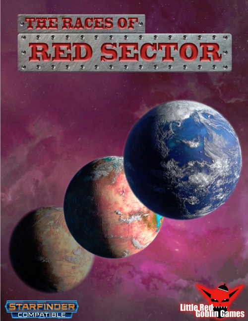 Cover art for the Red Sector Races PDF, featuring the League of Worlds, a star system with red dwarf and red stars on a purple background, with metallic titles and Starfinder Compatible logos.