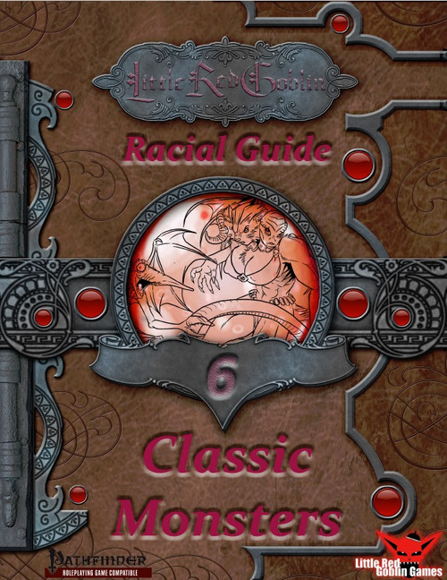 Classic Monsters Player Races PDF cover, featuring fantasy artwork on a brown background with red accents, produced by Little Red Goblin Games, a Pathfinder-compatible product for gamers.