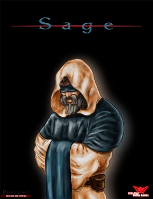 Sage character class PDF illustration featuring a hooded figure in blue and beige robes, with a white beard and headband, set against a dark background, showcasing a calm and introspective figure.