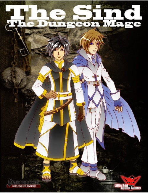 Dungeon Mage PDF, a medium BAB arcane caster from Little Red Games, featuring two anime-style characters in white and black outfits with yellow accents, standing in a dungeon setting.