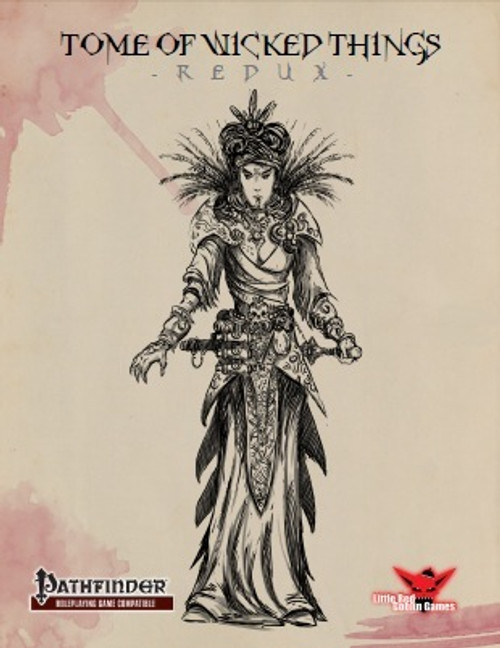 Pathfinder Tome of Wicked Things Redux PDF cover featuring a female antipaladin with a feathered headdress and ornate outfit on a beige background.