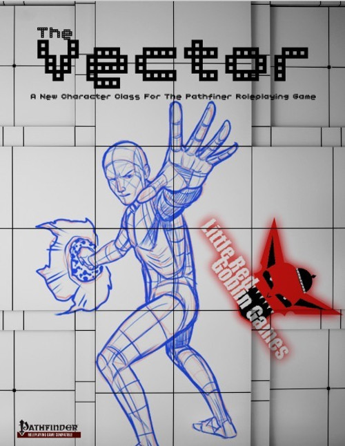 Vector the Master of Momentum PDF cover art, featuring a blue wireframe figure on a grey grid, showcasing kineomancy powers, Pathfinder branding, and Little Kobold Games logo.