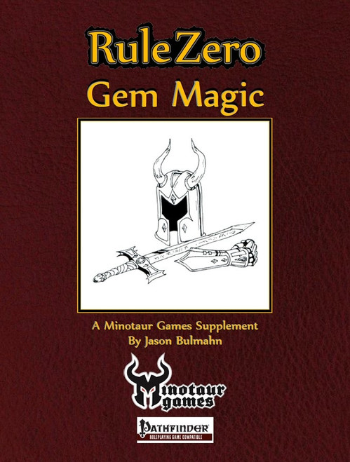 Rule Zero: Gem Magic PDF by Minotaur Games, a dark red themed supplement with gemstones, sword, and helmet icons, for the Pathfinder role-playing game, a digital item by Jason Bulmahn.