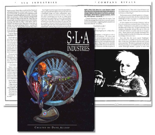 SLA Industries PDF book cover, featuring Operative lifestyles of Ebon, Biogenetic, and Contract Killer, set against a background of corporate documents in a dark, industrial design.