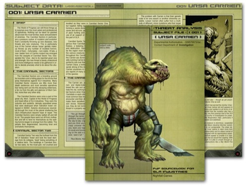 Nightfall Games creature data packet 001 - Ursa Carrien PDF, a six-page PDF with detailed character information on a green muscular SLA Industries creature, featuring sharp teeth and claws, with yellowed stats pages.