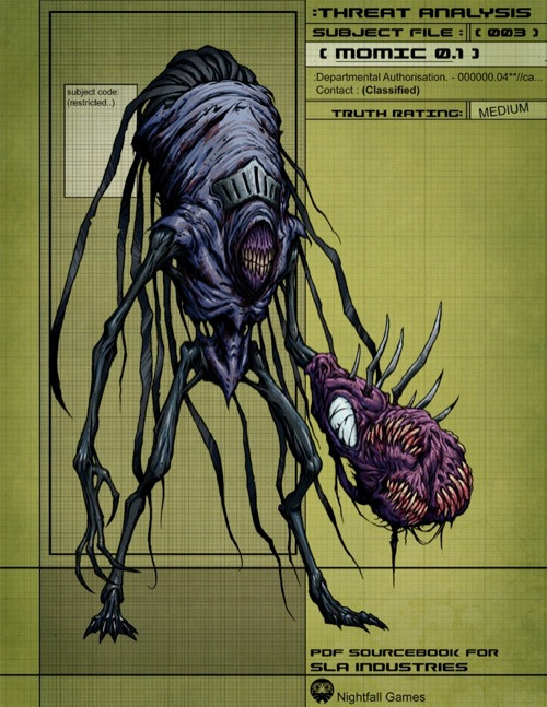 SLA Industries sourcebook, Nightfall Games' 26-page Momic 0.1 PDF, featuring dark alien creatures with tentacles on a green background, introducing the ancient enemy from the spaceship Jung.