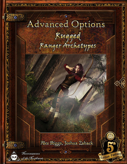 Advanced Options 5E Rugged Ranger Archetypes PDF cover, featuring a female ranger in brown and maroon attire, gold accents, bow, and 5th edition fantasy logo in a forest setting for the Advanced Options D&D roleplaying game.