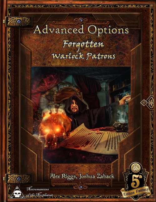 Advanced Options: Forgotten Warlock Patrons 5E PDF cover featuring a dark background with gold accents, a 5th edition digital product by Wizards of the Coast and Alex Riggs and Joshua Zaback authors.
