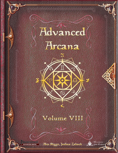 Advanced Arcana Volume VIII (PFRPG) PDF leather-bound cover with gold accents, featuring a star symbol, decorative borders, and a fantasy RPG magic guide in Pathfinder, presenting alternative magic approaches and effects.