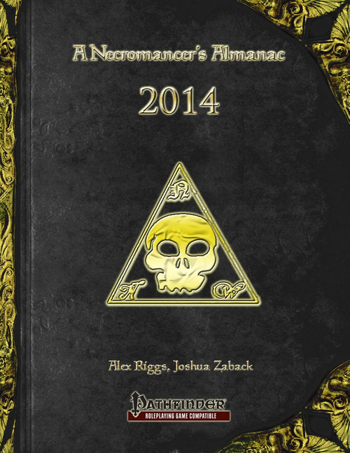 A Necromancer's Almanac: 2014 PDF cover featuring a black leather-bound book with gold filigree, a golden skull in triangle icon, 180+ pages of content, Pathfinder Roleplaying Game supplement by Alex Riggs.