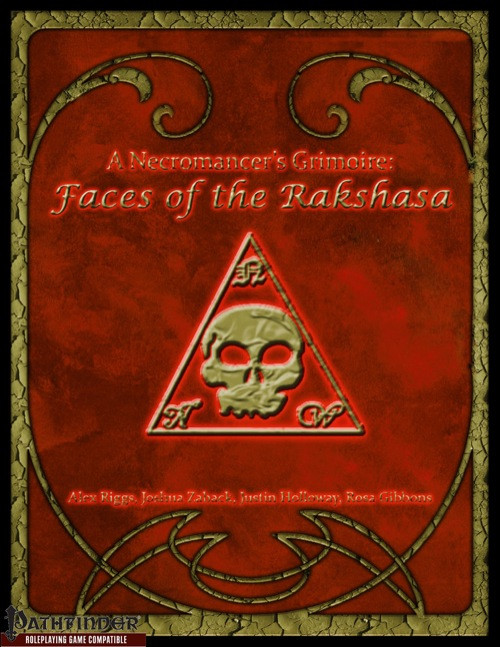 A Necromancer's Grimoire: Faces of the Rakshasa PDF cover features red background, gold accents, a skull in a triangle, with Pathfinder logo and swirling designs, a 20-level base class for tabletop gaming and fantasy role-playing.