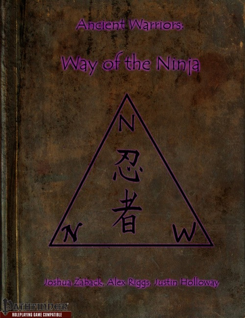 Ancient Warriors: Way of the Ninja PDF cover features a traditional ninja design on a brown background with Japanese characters, Pathfinder logo, and author names.