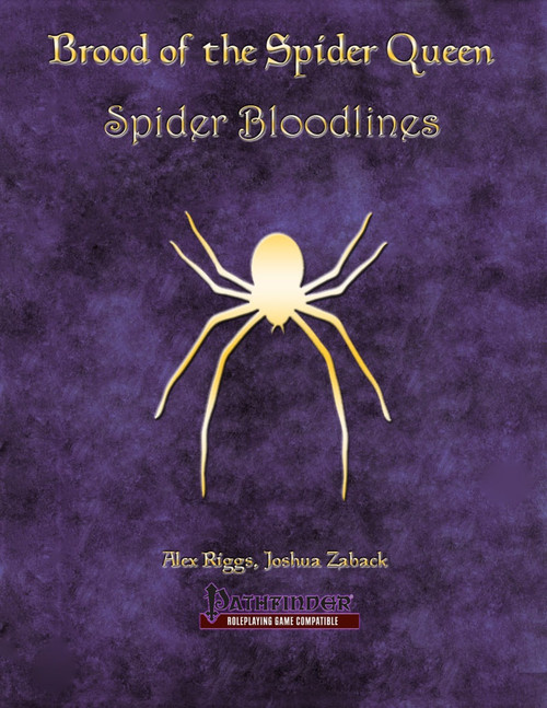 Yellow spider on a purple background, Pathfinder compatible, PDF cover art for Brood of the Spider Queen - Spider Bloodlines PDF, a fantasy RPG book by Alex Riggs and Joshua Zaback, 8.5 x 11 inches.
