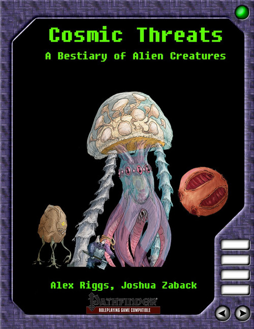 Pathfinder game resource Cosmic Threats A Bestiary of Alien Creatures PDF book cover features a collection of alien creatures including a giant jellyfish being and a small brown creature against a planet backdrop in a science fiction setting.