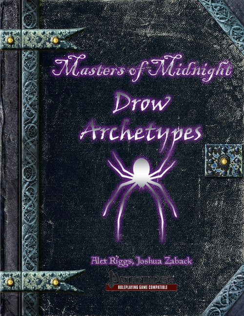 Masters of Midnight: Drow Archetypes PDF cover features a purple spider on dark background with metal accents, part of the Pathfinder Roleplaying Game, a PDF product by Alex Riggs and Joshua Zaback.