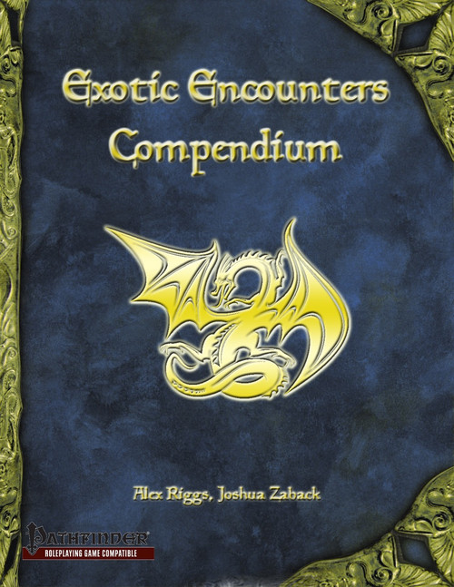 Pathfinder Bestiary PDF cover featuring a gold dragon on dark blue background with gold border, highlighting Exotic Encounters: Compendiums, a comprehensive resource for fantasy monsters, game statistics, and mechanics.